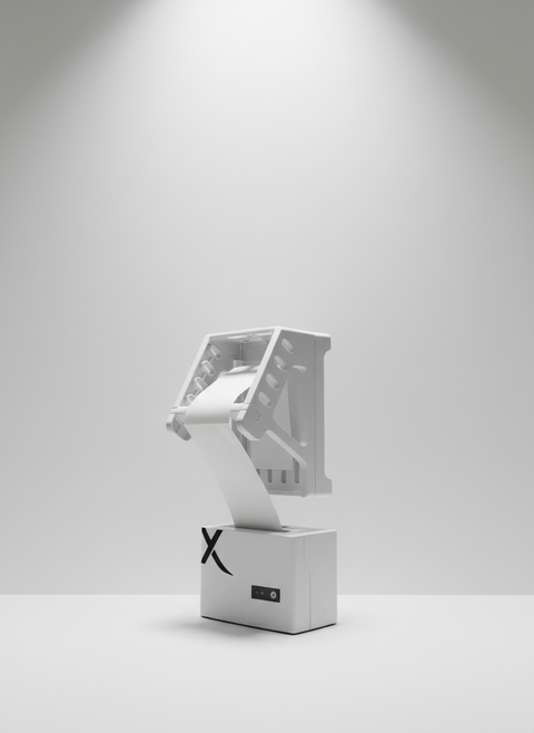 White thermal label printer device on a gray background